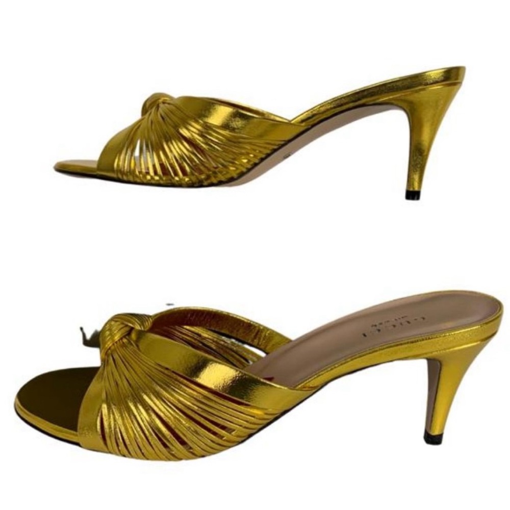 GUCCI Metallic Nappa Crawford Knotted Mid Heel Slides Gold 3-inch kitten heel. - Picture 2 of 6